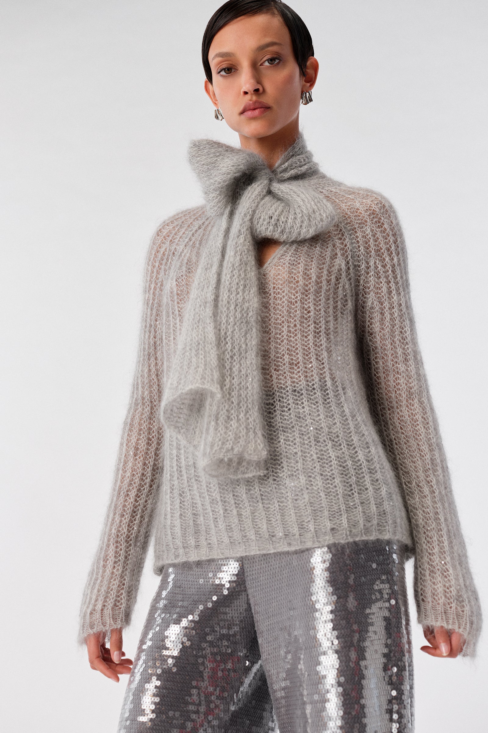 MOHAIR SEQUIN NECK SCARF SWEATER