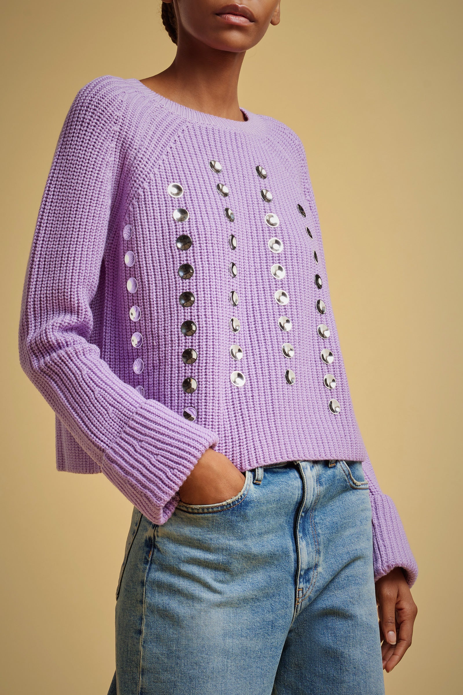 STUDDED RIBBED WOOL SWEATER